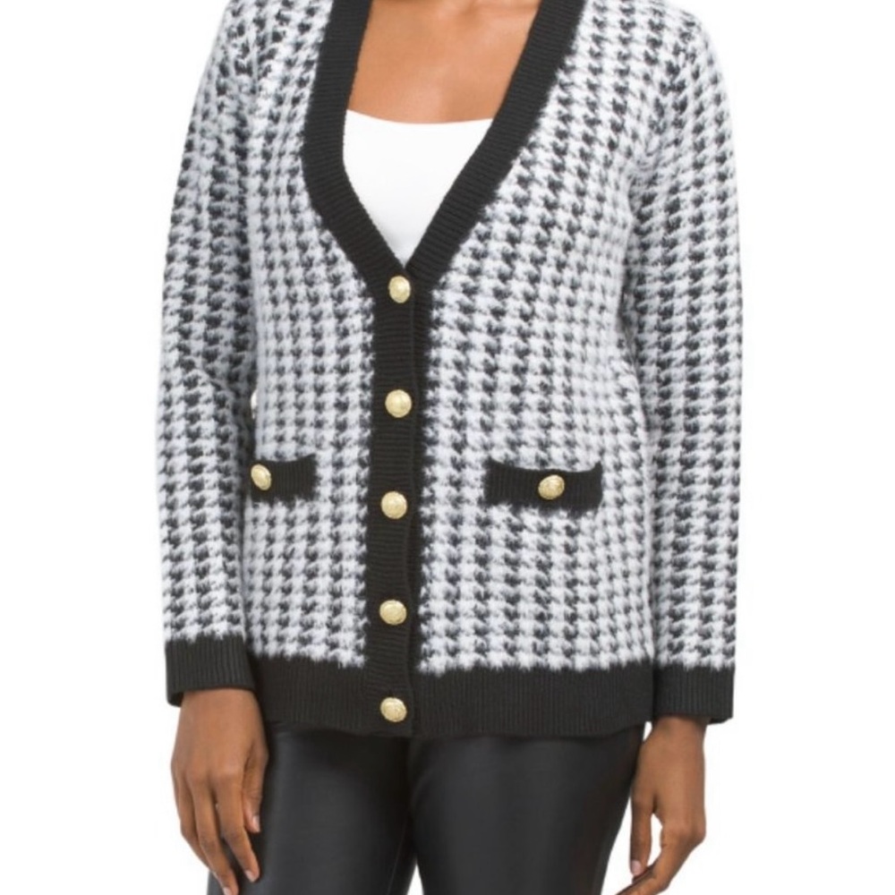 TAHARI | Eyelash Houndstooth Sweater X-Large Black White